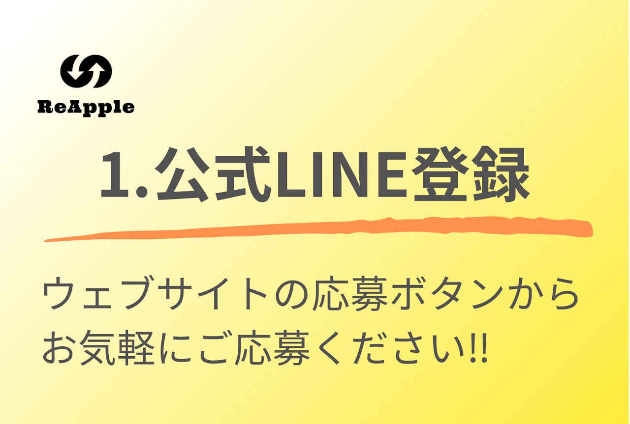 所属までの流れ 1.公式LINE登録 ウェブサイトの応募ボタンからお気軽にご応募ください